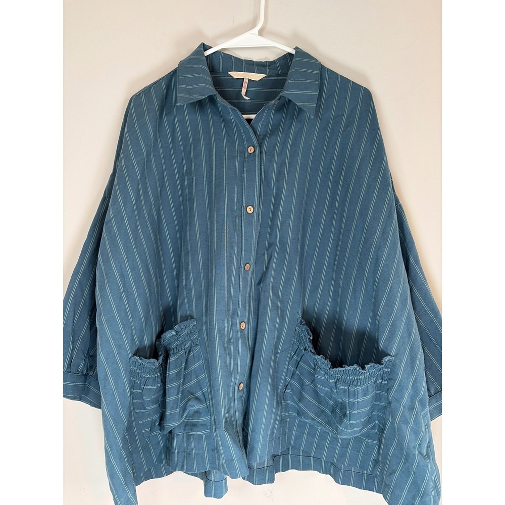 Free People We The Free Blue Teal Pinstripe Oversized Cotton Linen Shirt Small